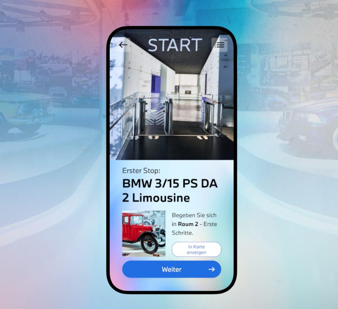 Smartphone shows BMW DigiTour Start 