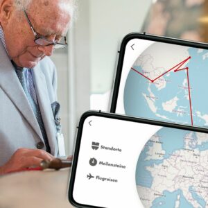 App-Screens Globe Experience und Reinhold Würth im HIntergrund.