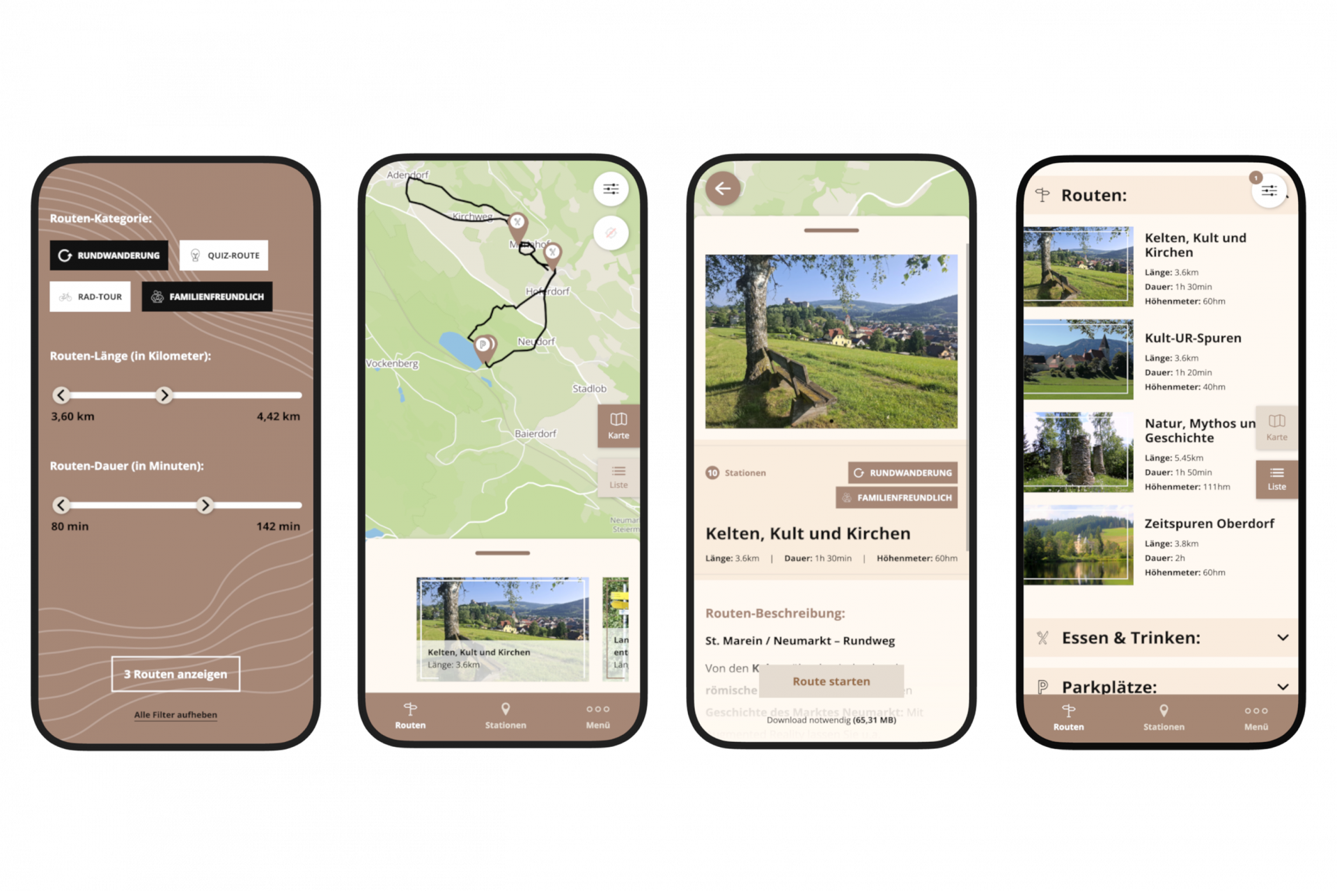 App Screens: Touren, Filter und Listenansicht